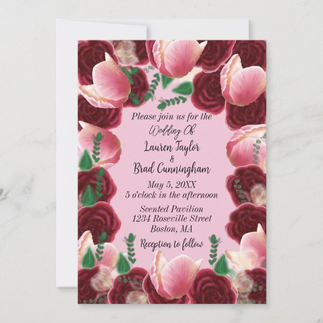 Invitación Elegante Boda rosa rosa rosa burdeos y Rubor rosad (Anverso)