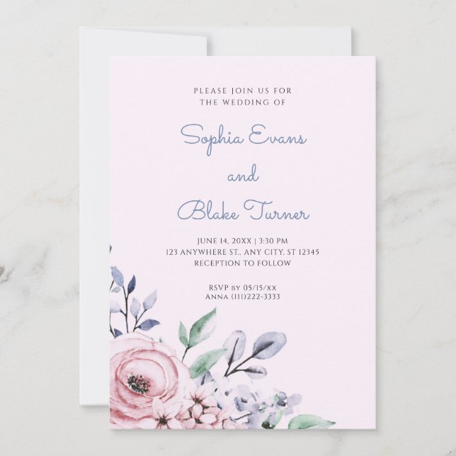 Invitación Elegante Boda rosa rosa rosa y azul floral (Anverso)