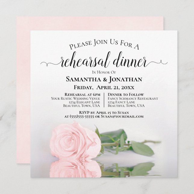Invitación Elegante Boda rosa rosado de Rubor ensayo y cena (Anverso / Reverso)