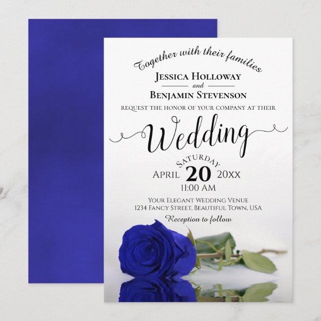 Invitación Elegante Boda Rosa Royal Blue de estampado largo (Anverso / Reverso)