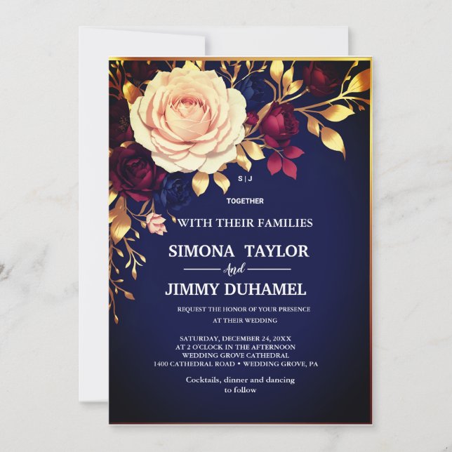 Invitación Elegante Boda rosa Rubor floral azul de la marina (Anverso)