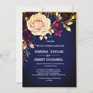 Invitación Elegante Boda rosa Rubor floral azul de la marina