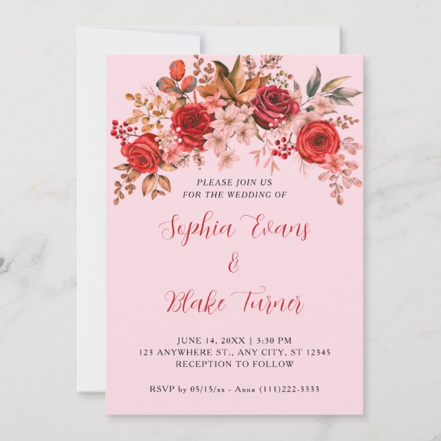 Invitación Elegante Boda rosa suave floral de rosas rojas (Anverso)