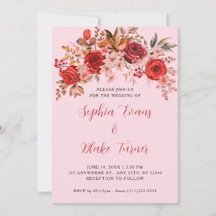 Invitación Elegante Boda rosa suave floral de rosas rojas