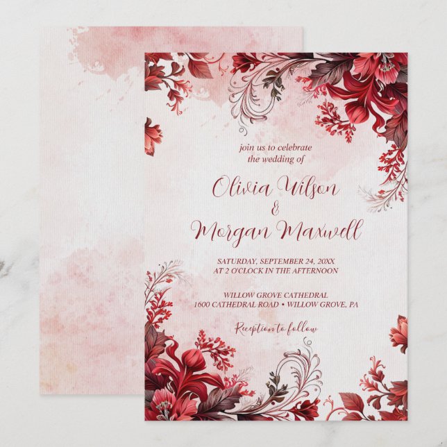 Invitación Elegante Boda rosa y floral roja (Anverso / Reverso)