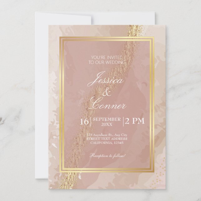 Invitación Elegante boda rosado Mármol de oro (Anverso)