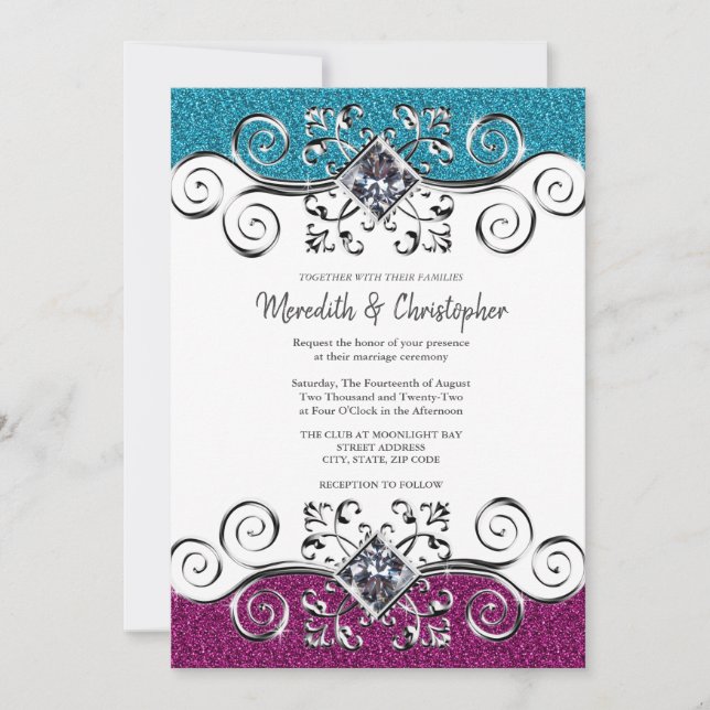 Invitación Elegante Boda rosado y azul Purpurina plateado Bli (Anverso)