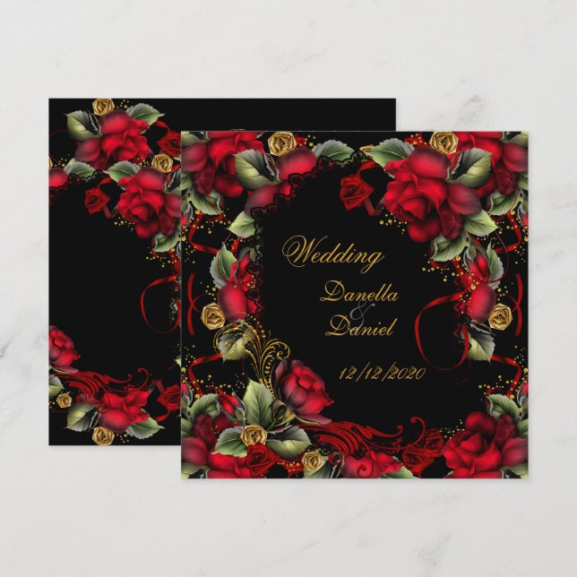Invitación Elegante Boda Roses Rojas Oro Negro A (Anverso / Reverso)