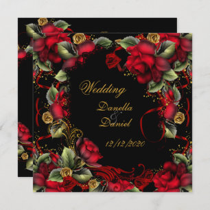 Invitación Elegante Boda Roses Rojas Oro Negro A