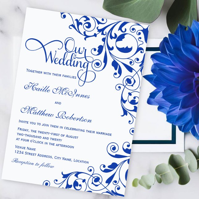 Invitación Elegante Boda Royal Blue Swirls (Royal blue swirls and elegant script 'Our Wedding" text wedding invitation.)