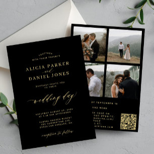 Invitación Elegante boda RSVP de código QR de foto negra dora