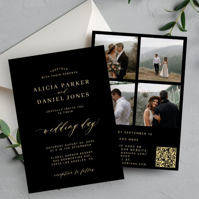 Invitación Elegante boda RSVP de código QR de foto negra dora (Subido por el creador)