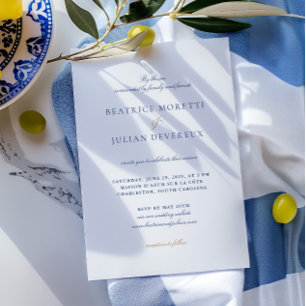 Invitación Elegante Boda RSVP mediterráneo azul y blanco