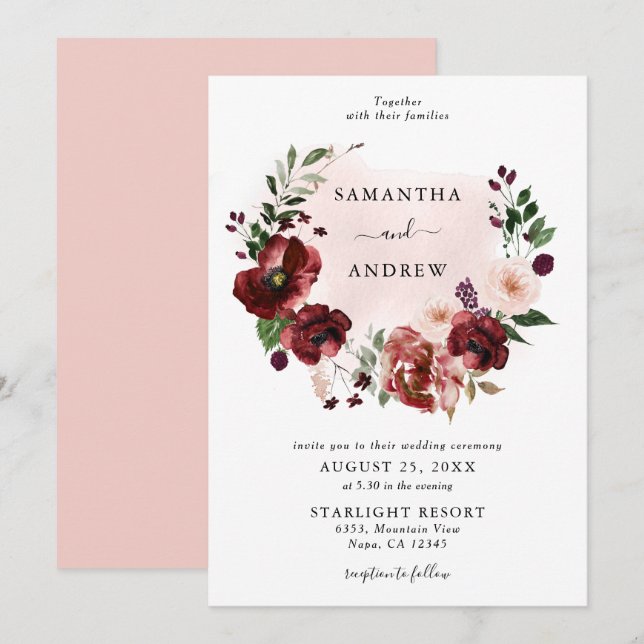 Invitación Elegante Boda Rubor Burgundy Floral Wreath (Anverso / Reverso)