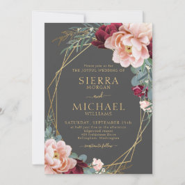 Invitación Elegante Boda Rubor Burgundy Gray Gold Peony