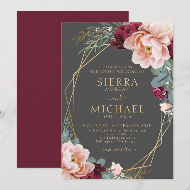 Invitación Elegante Boda Rubor Burgundy Gray Gold Peony (Anverso / Reverso)