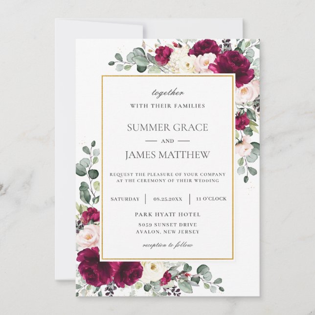 Invitación Elegante Boda Rubor de frambuesa rosa marfil-flora (Anverso)