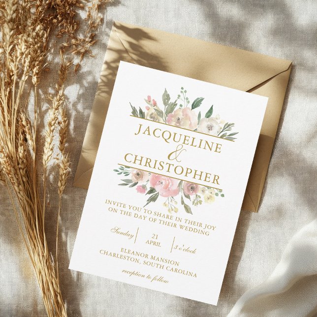 Invitación Elegante Boda Rubor de guion dorado rosado floral (Subido por el creador)