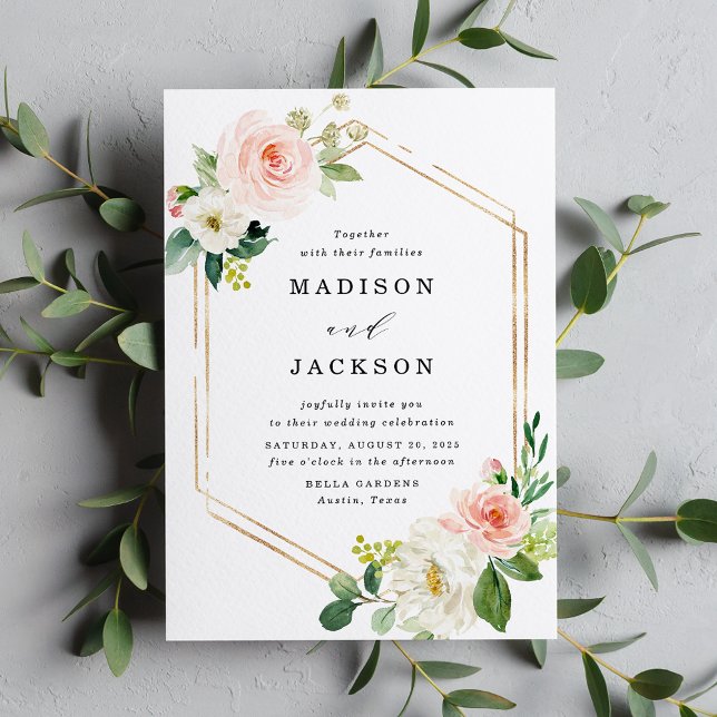 Invitación Elegante Boda Rubor Floral Gold Frame (Subido por el creador)