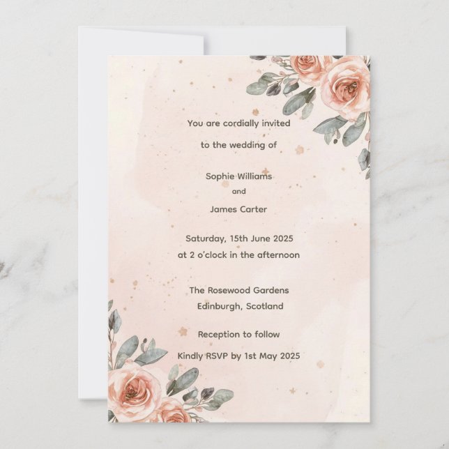 Invitación Elegante Boda Rubor Floral Watercolor (Anverso)
