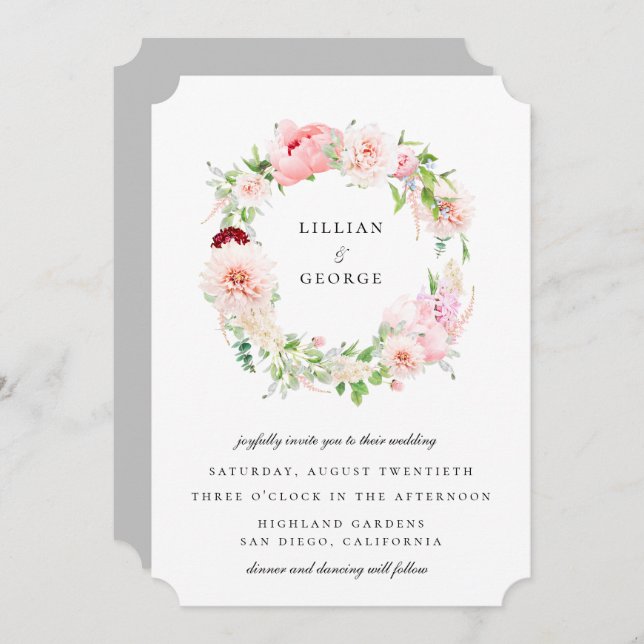 Invitación Elegante Boda Rubor Floral Wreath (Anverso / Reverso)