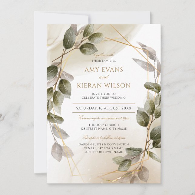 Invitación Elegante Boda Rubor Green & Gold Watercolor (Anverso)