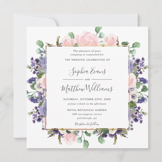 Invitación Elegante Boda Rubor Lavender Purple Floral Gold (Anverso)