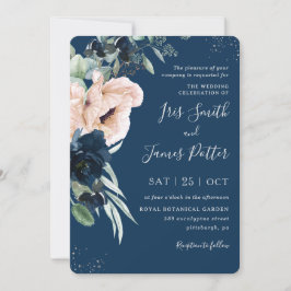 Invitación Elegante Boda Rubor Navy Blue Floral Silver