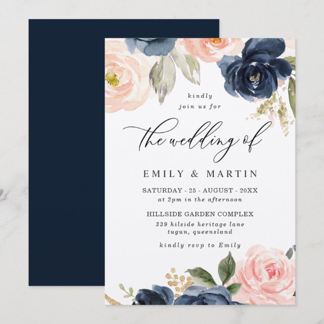 Invitación Elegante Boda Rubor & Navy Floral Shimmer (Anverso / Reverso)