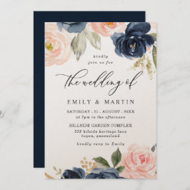 Invitación Elegante Boda Rubor & Navy Floral Shimmer