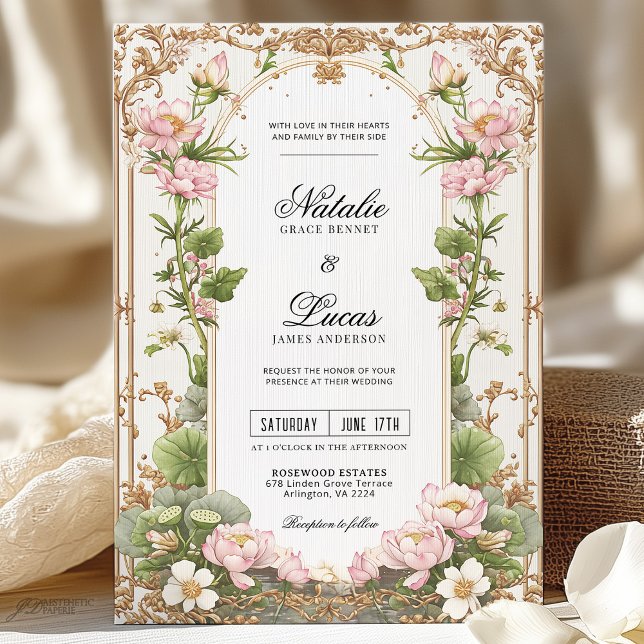 Invitación Elegante Boda Rubor Pink Gold Lotus Flower (Subido por el creador)