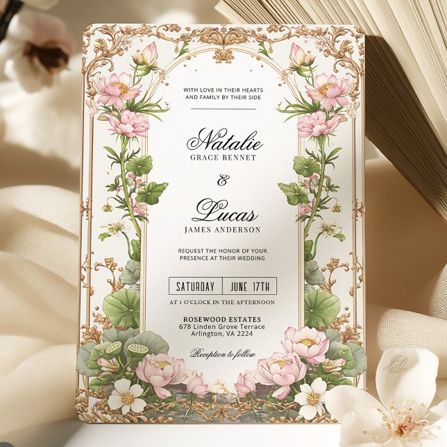 Invitación Elegante Boda Rubor Pink Gold Lotus Flower (Subido por el creador)