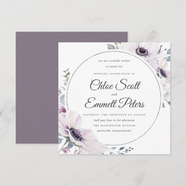 Invitación Elegante Boda Rubor Purple Floral Silver (Anverso / Reverso)