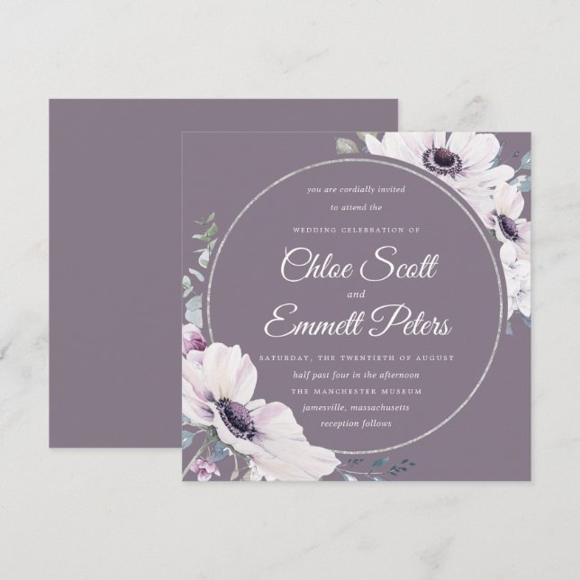 Invitación Elegante Boda Rubor Purple Floral Silver (Anverso / Reverso)