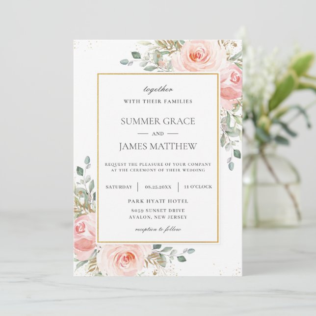 Invitación Elegante Boda Rubor Rosa Rosa Floral Gold Invi (Anverso de pie)