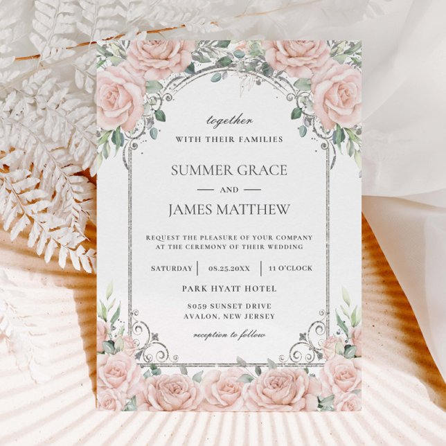 Invitación Elegante Boda Rubor Rosa Rosado Floral Plata (Subido por el creador)
