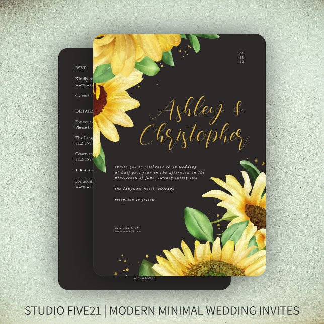 Invitación Elegante Boda ruso de girasol negro todo en uno (Subido por el creador)