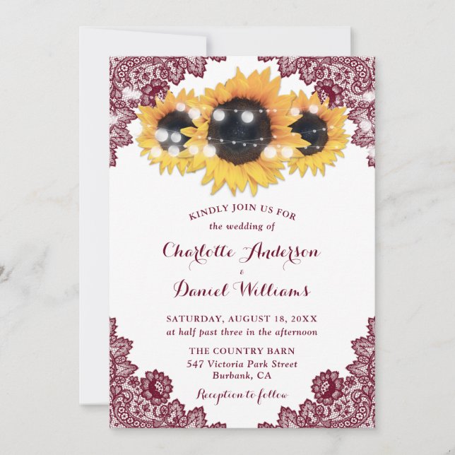 Invitación Elegante Boda Rústica Borgoña Encaje Girasoles (Anverso)