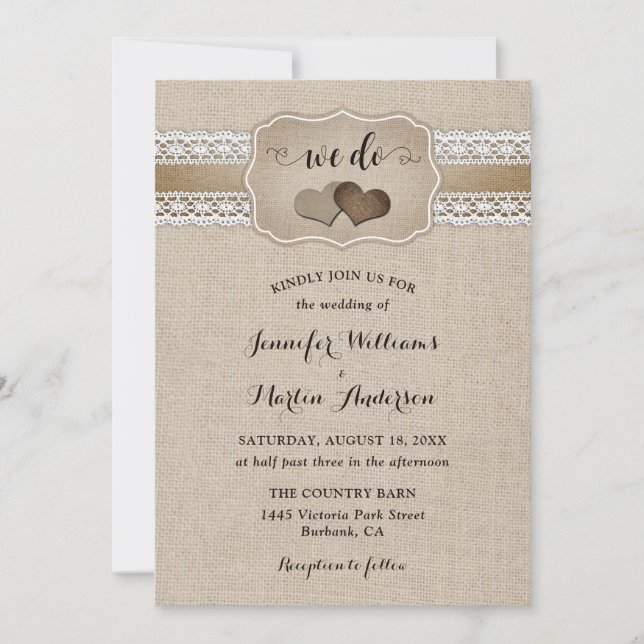 Invitación Elegante boda rústica de arpillera y encaje (Anverso)