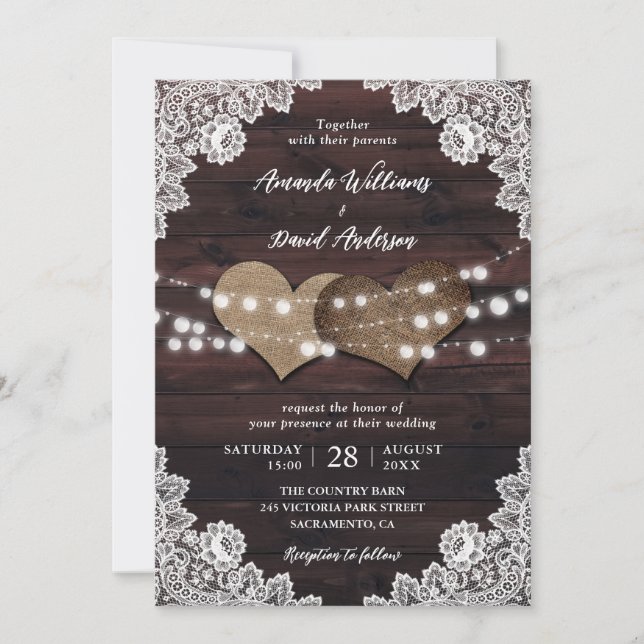 Invitación Elegante boda rústica de campo en madera (Anverso)