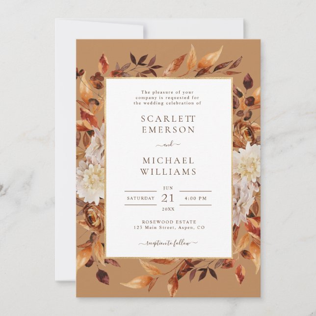 Invitación Elegante Boda Rústica de Hojas de Otoño (Anverso)