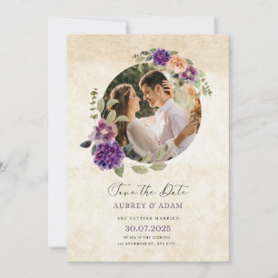 Invitación Elegante boda rústica floral con púrpura y marrón.