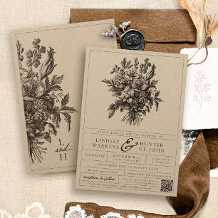 Invitación Elegante Boda Rústica Kraft Floral Vintage Negro