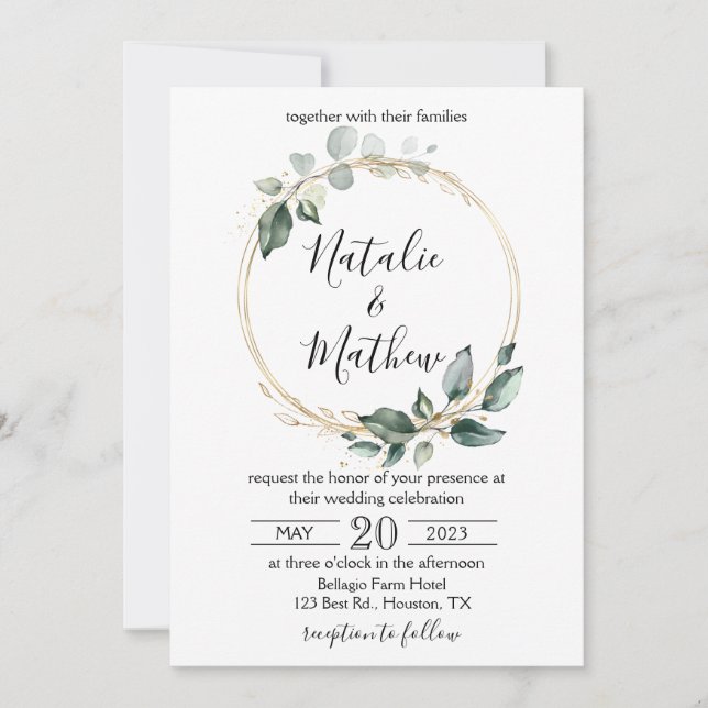 Invitación Elegante Boda Rústica Verde con Hojas de Eucalipto (Anverso)