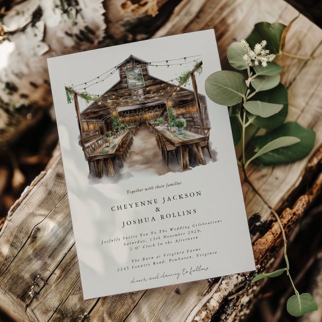 Invitación Elegante Boda rústico acuarela de campo (Elegant Rustic Barn Wedding Invitation )