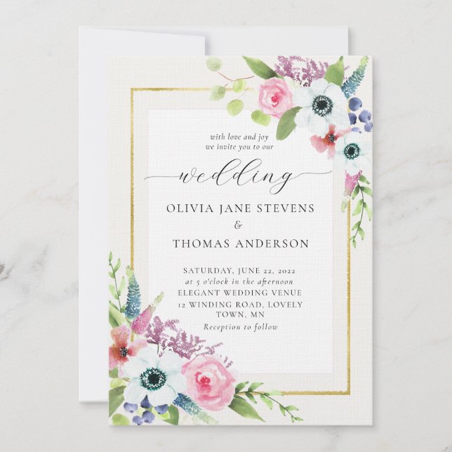 Invitación Elegante Boda Rústico Anemone Gold Floral Frame (Anverso)