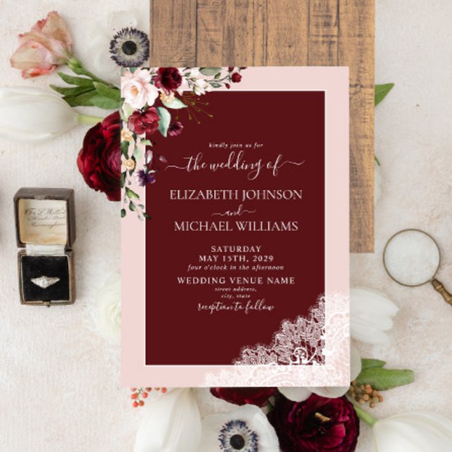 Invitación Elegante Boda rústico botánico de Rubor en Borgoña (Subido por el creador)