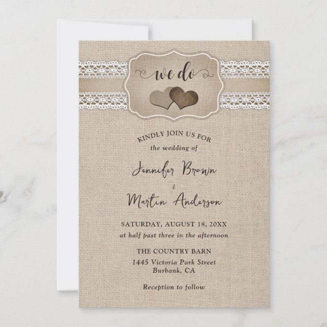Invitación Elegante Boda Rústico Burlap y Lace (Anverso)