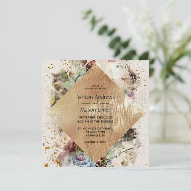 Invitación Elegante Boda Rústico de acuarela floral dorada (Anverso de pie)