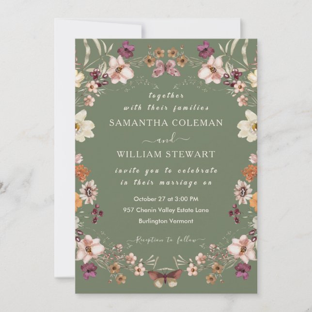 Invitación Elegante Boda Rústico de Flor Silvestre Sage Green (Anverso)